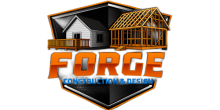 Logo of Forge Construction & Design featuring a house and a construction frame, emphasizing the brand's focus on construction and design services.