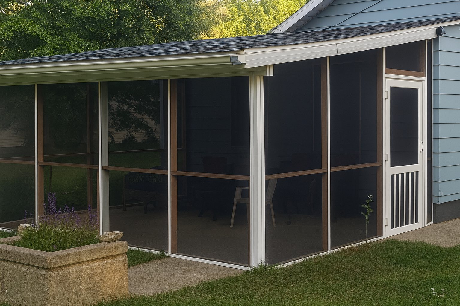Screened-in porch with wooden framing and a white door, surrounded by green grass and plants, showcasing custom home design by Forge Construction & Design in Northern Indiana.