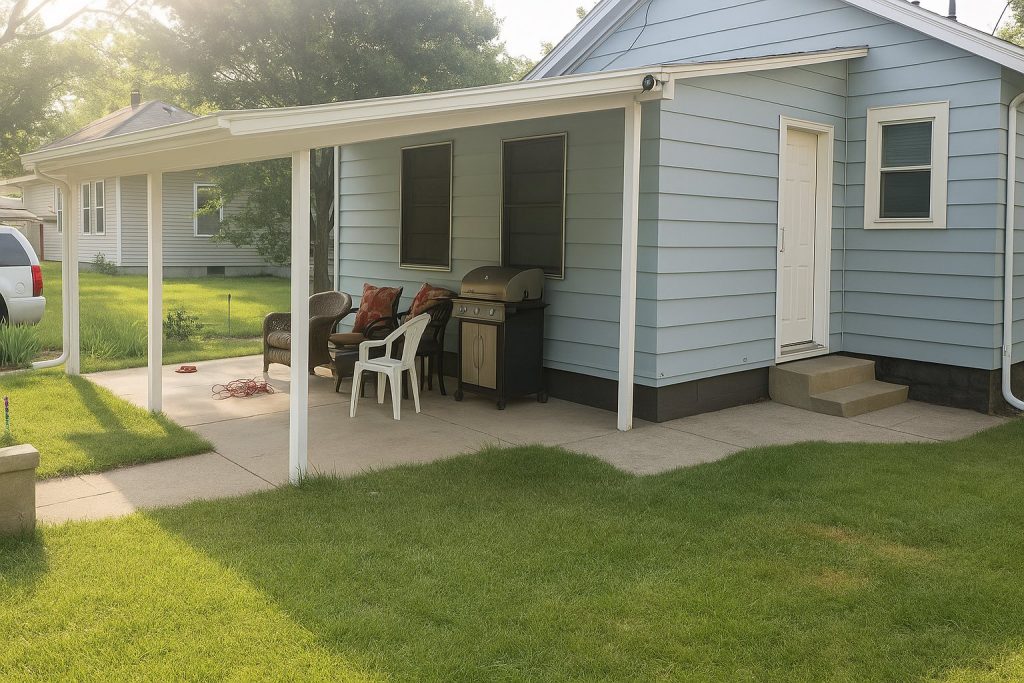 Patio area of a light blue house featuring a grill, two chairs, and a table, surrounded by green grass, showcasing outdoor living space for home improvement inspiration.